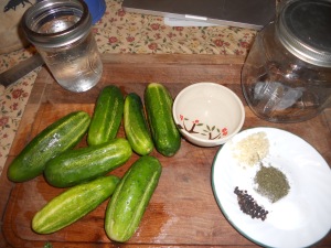 you need 6 medium sized pickles, 2 Tbsp Dill, 1 tbsp salt, 25 peppercorns, and 4 cloves chopped garlic.
